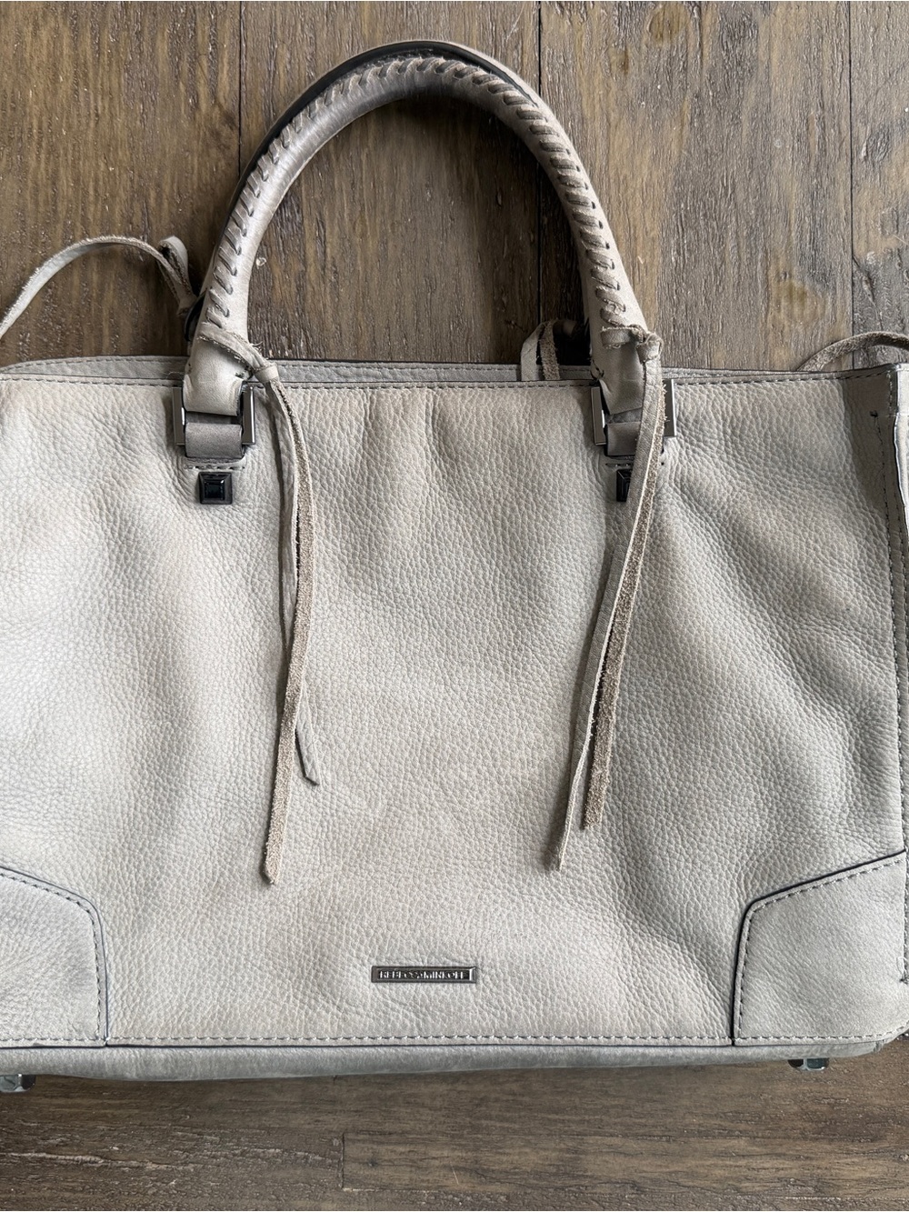 Rebecca Minkoff Light Gray Leather Tote Bag with Braided Handles